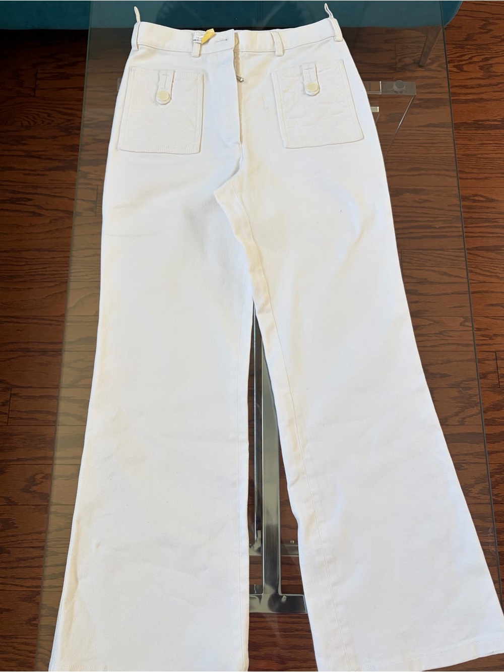 AUTHENTIC CHANEL VINTAGE 2004 CRUISE WHITE WIDE LEG QUILTED UTILITY DENIM PANTS